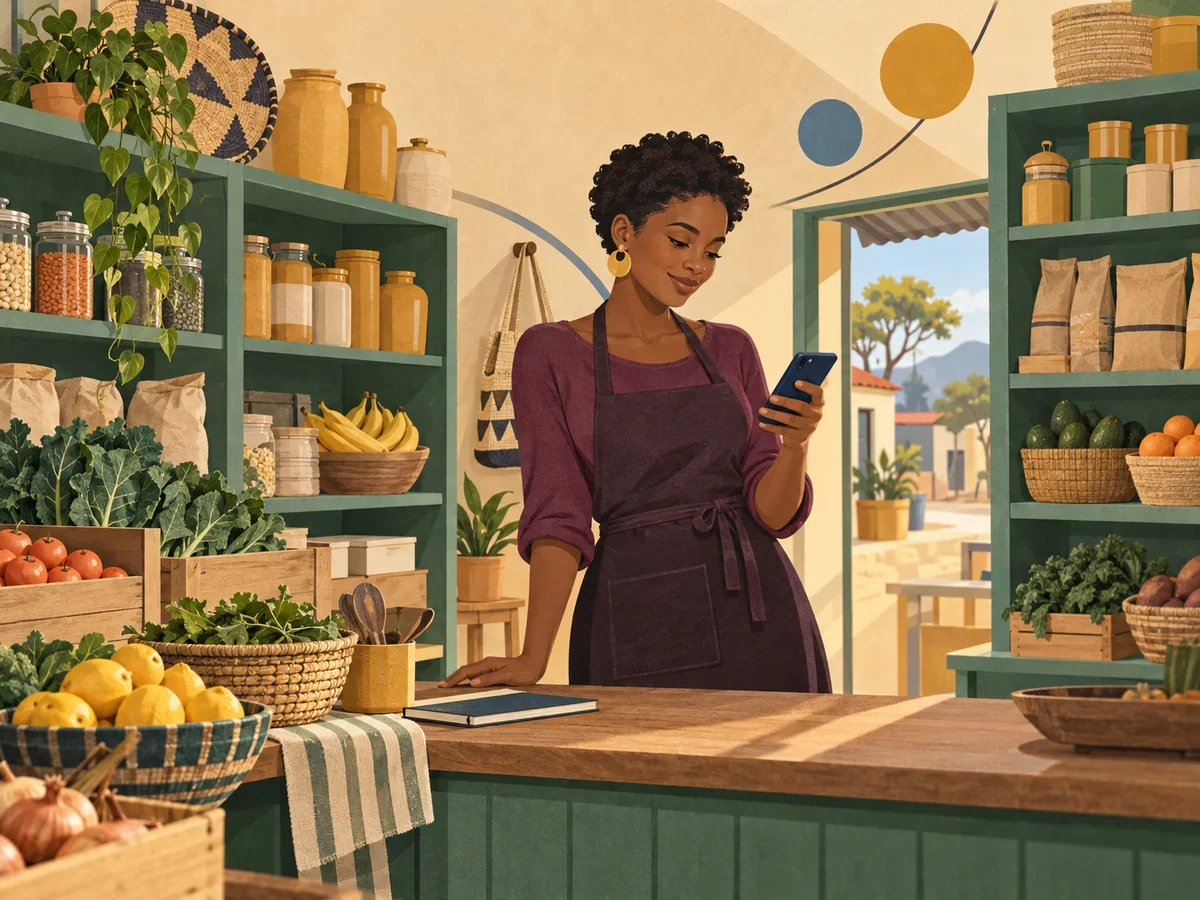 A shop owner looking at her phone behind the counter of her produce shop.