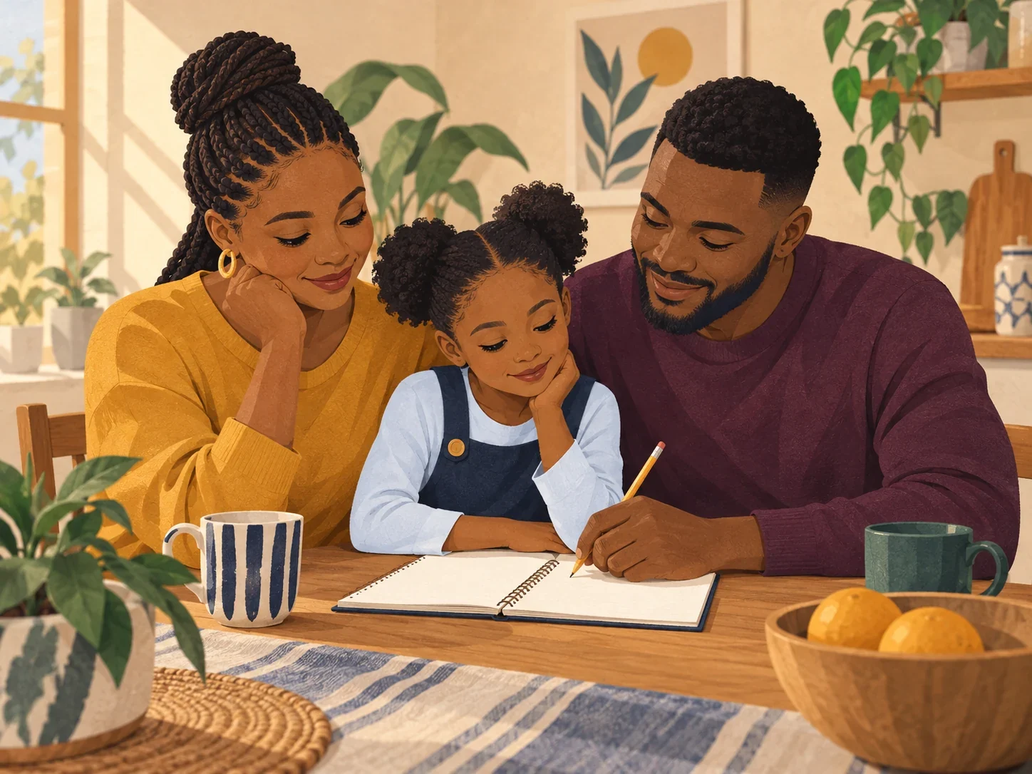 A family sitting together with a notebook at their kitchen table.