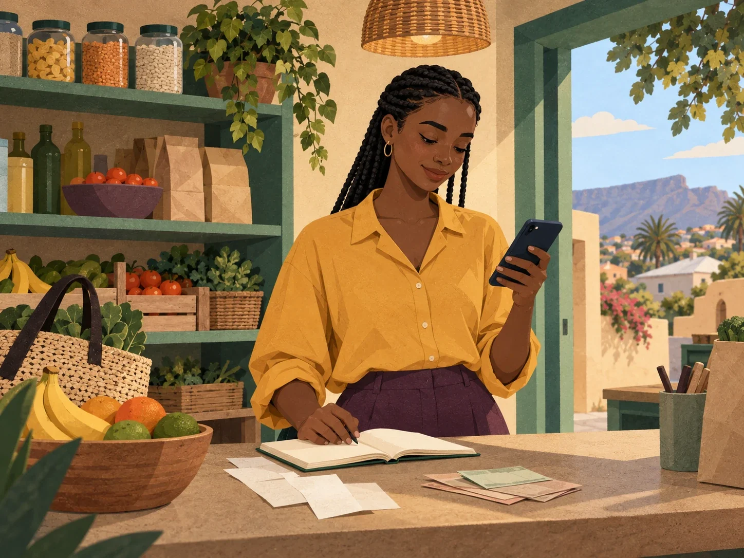 A South African shop owner considering her finances with a phone and notebook at her shop counter